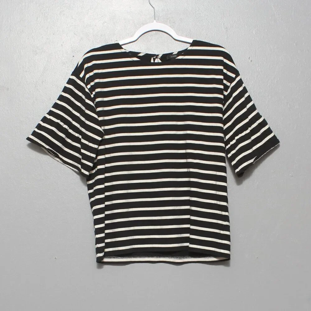 J Crew black and white stripe flare short sleeve blouse